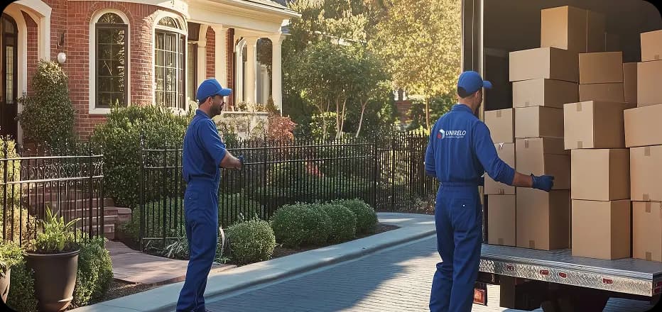 Two professional movers in blue uniforms carefully handling wrapped furniture and cardboard box during home relocation